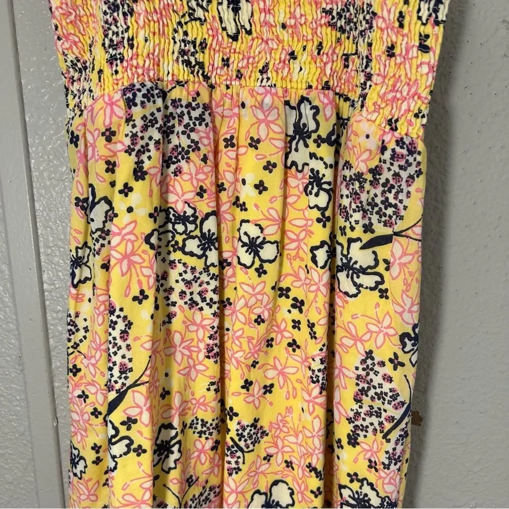 Lilly Pulitzer Girls Yellow Floral Tie Straps Smocked Bodice Dress Size Small